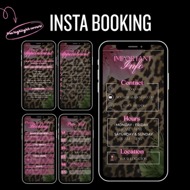 May include: A digital marketing graphic with the text "INSTA BOOKING" and several mock-up phone screens. The screens display information about booking appointments, contact details, hours, and location, all against a leopard print background.