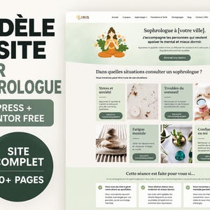 Peut inclure: Un modèle de site web pour sophrologue avec une palette de couleurs vert tendre et blanc. La mise en page comprend un en-tête avec navigation, une illustration d'une personne en méditation et des sections détaillant les services proposés.