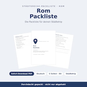 May include: A digital PDF packing list for a trip to Rome, featuring five A4 pages with checklists for clothing, shoes, and travel essentials. The document includes a dark blue location pin icon and the text Rom Packliste in German.
