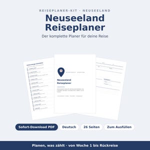 Puede incluir: Un kit de planificador de viajes para Nueva Zelanda que incluye una lista de cuenta regresiva, una portada con un icono de ubicación y un formulario de detalles del viaje. El documento consta de 26 páginas en alemán para completar.