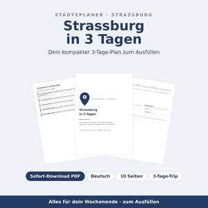 May include: A digital PDF city planner for Strasbourg, France, titled Strassburg in 3 Tagen. The document features a dark blue location pin icon, structured pages for a three-day itinerary, and fillable sections for travel planning and notes.