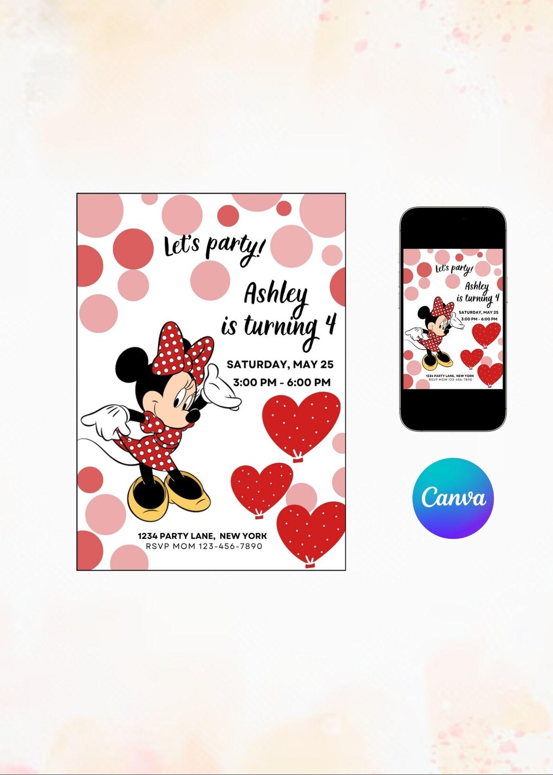 Editable Minnie Mouse Birthday Invitation: 5x7 Digital Template - Etsy ...