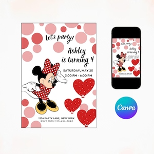 Invitación de cumpleaños editable de Minnie, digital, 5 x 7, invitación roja de Minnie