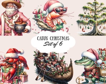 Cajun Christmas Clipart, Watercolor Cajun Santa and Alligator Clip Art, Louisiana Southern Swamp Bayou Tree Clip Art Set
