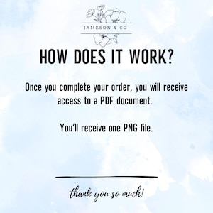 May include: A light blue background with white text that says "JAMESON & CO" and "HOW DOES IT WORK?"  The text below explains that once you complete your order, you will receive access to a PDF document and one PNG file. The text ends with "thank you so much!"
