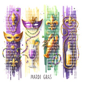 Puede incluir: Una ilustración digital de artículos con temática de Mardi Gras, que incluye una máscara morada, verde y dorada, un vaso de bebida morada con una rodaja de lima, un cangrejo de río, una botella de líquido dorado y cuentas. El fondo es una acuarela de morado, verde y dorado.