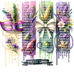 Puede incluir: Una impresión de arte digital con temática de Mardi Gras con un esquema de color morado, verde y dorado. La impresión presenta una máscara, un lazo, un cangrejo de río, cuentas y una flor de lis. El texto "Mardi Gras" está escrito en una fuente decorativa.