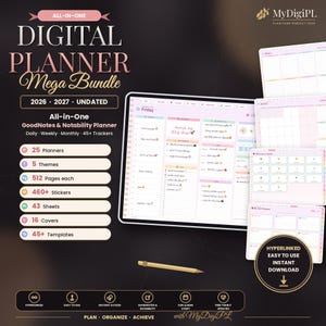Peut inclure: Un ensemble de planificateurs numériques pour GoodNotes et Notability avec des pages non datées 2026-2027. L'image montre une tablette avec un emploi du temps quotidien, plusieurs mises en page, un stylet et le détail de 25 planificateurs, 5 thèmes, 512 pages, 460+ autocollants, 43 feuilles, 16 couvertures et 45+ modèles.