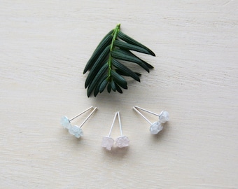 Raw Stone Sterling Silver Stud Earrings , Aquamarine, Rose Quartz, Moonstone Crystal Gemstone Studs, Crystal Stud Earrings, June Birthstone