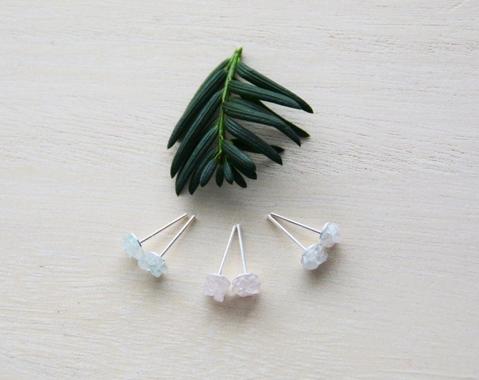 Raw Stone Sterling Silver Stud Earrings , Aquamarine, Rose Quartz, Moonstone Crystal Gemstone Studs, Crystal Stud Earrings, June Birthstone
