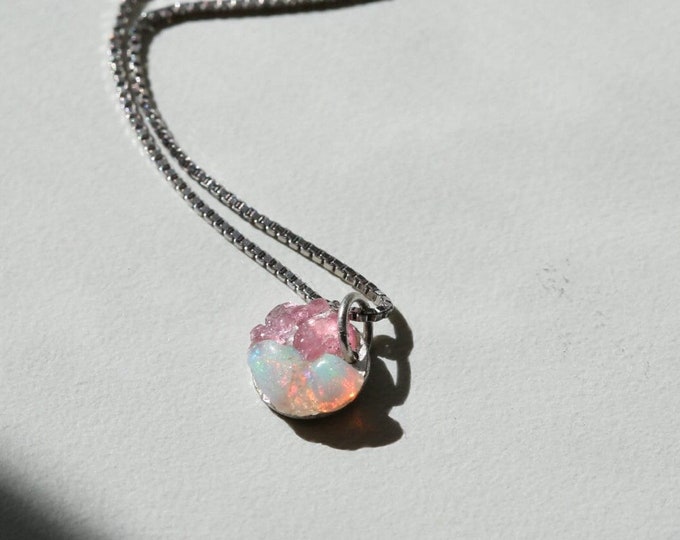 Raw Opal Necklace, Pink Tourmaline Necklace, Real Opal Necklace. Mother’s Day gift