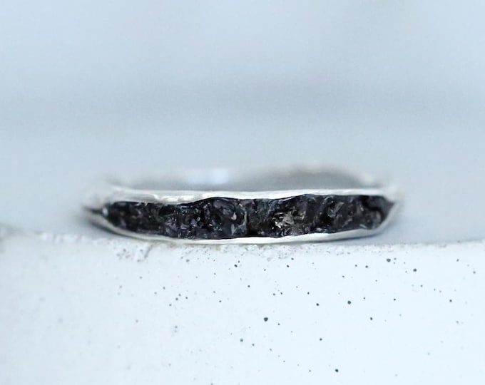 Black Tourmaline Stacking Ring, Thin Black Tourmaline Ring, Sterling Silver Stacking Ring, Raw Black Tourmaline