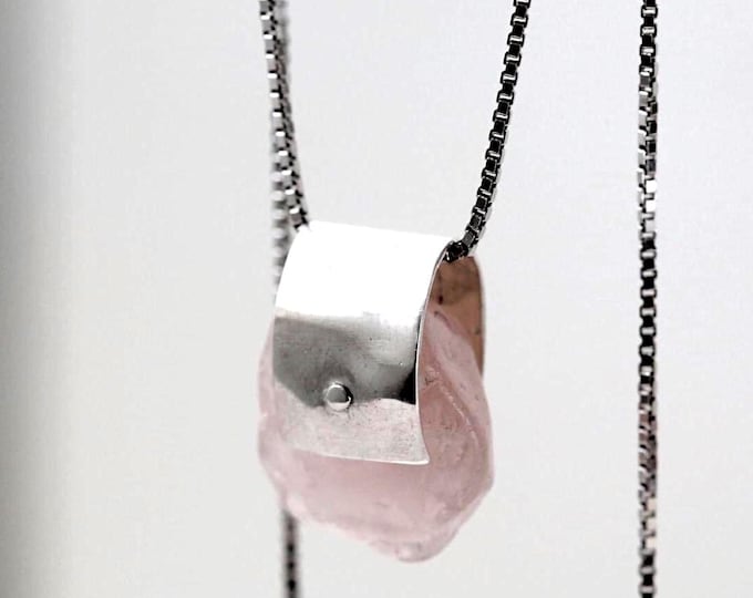Raw Rose Quartz Pendant Necklace: Sterling Silver Minimalist Jewelry