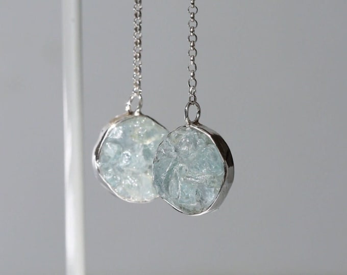Raw Aquamarine Earrings: Silver Frame, Light Drop Style