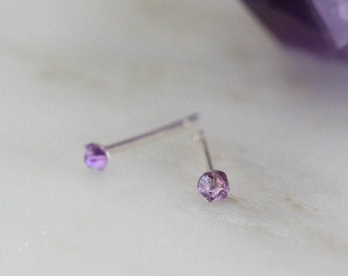 Amethyst 2mm Stud Earrings, Raw Amethyst Earrings, Tiny Stud Earrings, February Birthstone, Gemstone Earring Stack