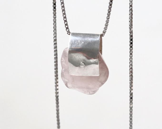 Raw Rose Quartz Sterling Silver Pendant Necklace: Minimalistic Necklace