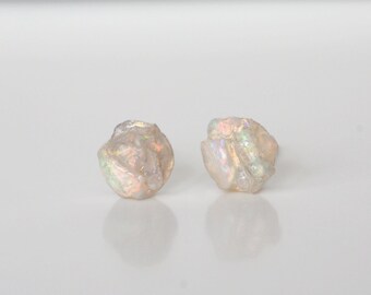 Opal Earrings, Raw Australian Opal Silver Stud Earrings, Natural Rough Opal Stud Earrings