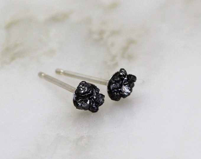 Raw Diamond Silver Stud Earrings, Black Diamond Earrings, Rough Diamond Earrings, Conflict Free Diamonds