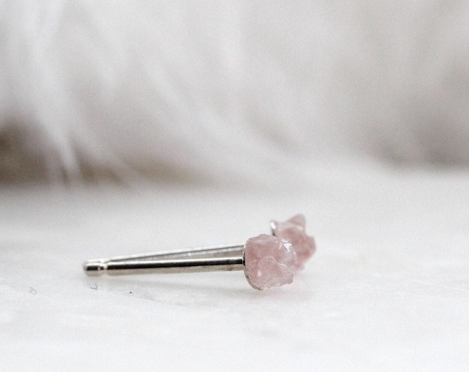 Raw Rose Quartz Stud Earrings, Pink Gemstone (3mm Sterling Silver)