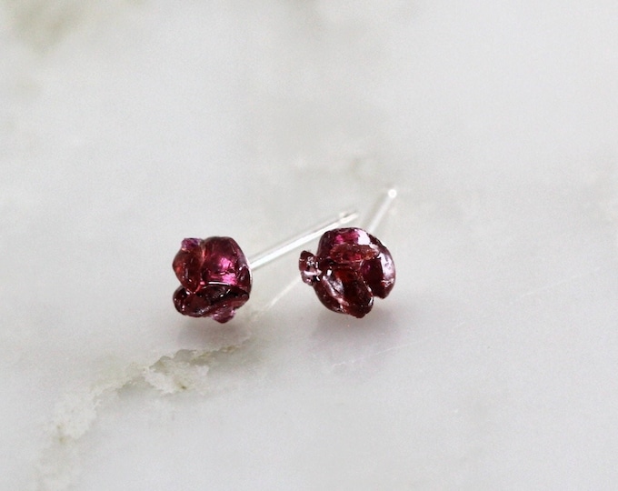 Raw Garnet Silver Stud Earrings, Tiny Raw Garnet Studs, January Birthstone, Red Garnet, Rough Gemstone Earrings