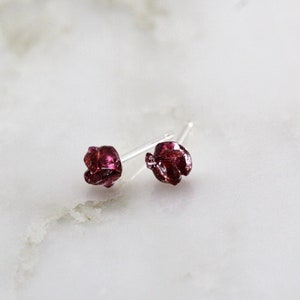 Raw Garnet Silver Stud Earrings, Tiny Raw Garnet Studs, January Birthstone, Red Garnet, Rough Gemstone Earrings