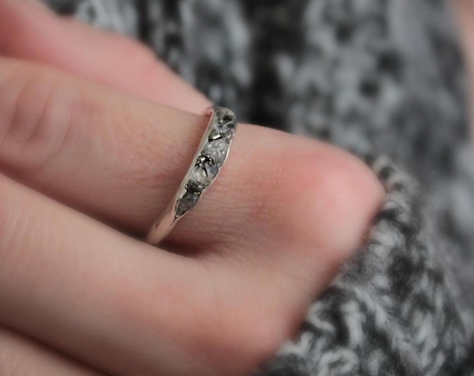 Raw White Diamond Ring - Hammered Sterling Silver Band