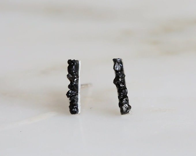 Black Diamond Earrings,  Bar Stud Earrings, Raw Black Diamond Stud Earrings, Black  Earrings, Minimalist Earrings