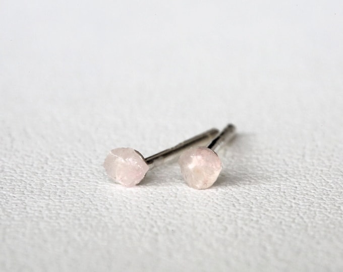 Rose Quartz Tiny Gemstone Studs, Raw Crystal Studs, Heart Chakra Earrings, Raw Rose Quartz Stud Earrings, Micro Earrings
