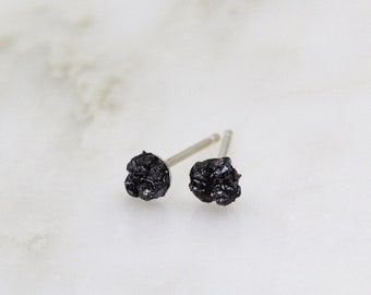 Raw Diamond Silver Stud Earrings, Black Diamond Earrings, Rough Diamond Earrings, Conflict Free Diamonds