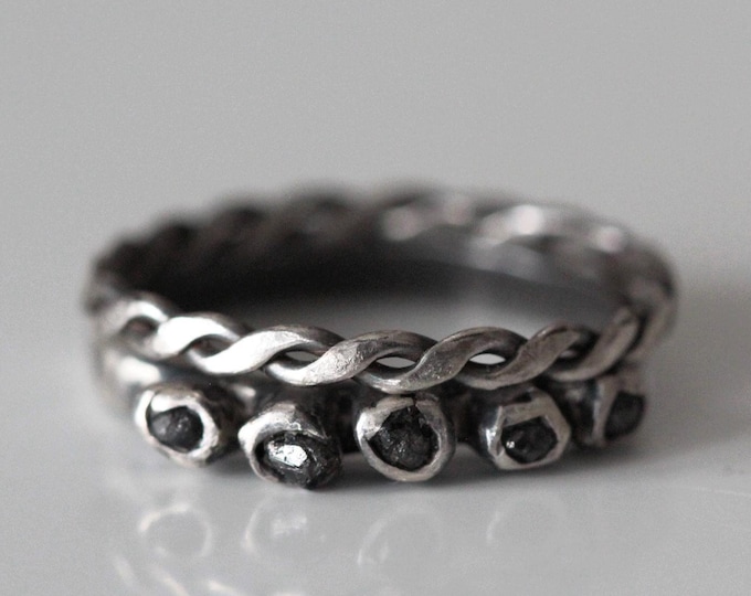 Black Diamond Ring Set, Raw Black Diamond Brutalist Ring, Oxidised Silver Diamond Ring
