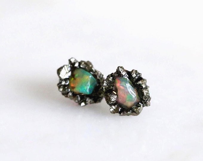 Ethiopian Opal & Pyrite Halo Earrings