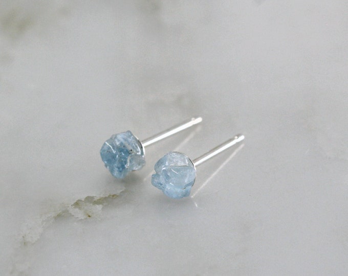 Aquamarine Stud Earrings, 3mm Raw Aquamarine Earrings, Tiny Aquamarine Studs, Raw Stone Studs