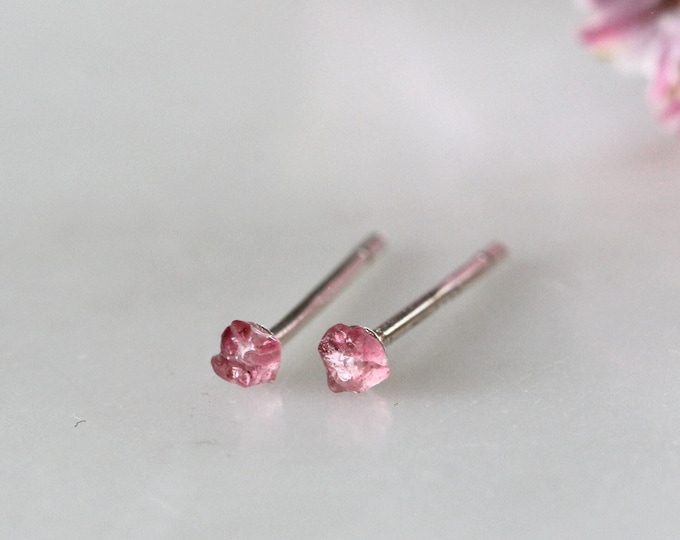 Tiny Raw Pink Tourmaline 2 mm Sterling Silver Stud Earrings, Raw Pink Stone Earrings, October Birthstone Jewelry, Rough Crystal Earrings