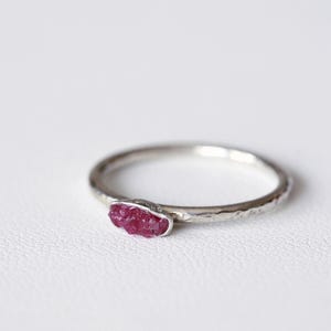 July Birthstone Ring, Raw Ruby, Sterling Silver (Textured Band)