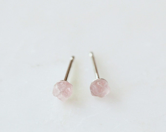 Rose Quartz  Earrings, Tiny Gemstone Studs, Raw Crystal 3mm Studs, Heart Chakra Earrings