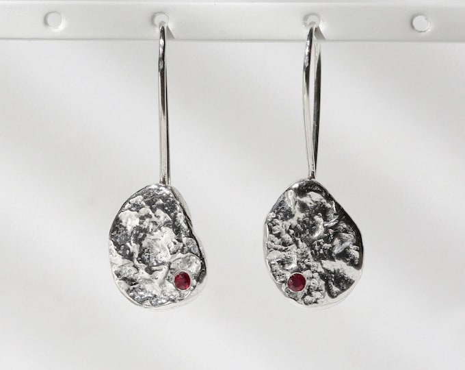 Textured Ruby Earrings: Recycled Sterling Silver Dangles