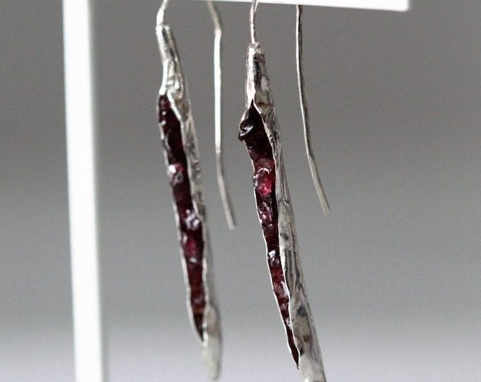Raw Garnet Sterling Silver Dangle Earrings: Whimsigoth Spike Drop Earrings