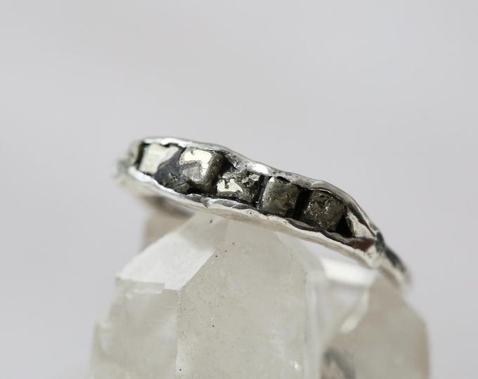 Sterling Silver Ring: Raw Pyrite Cube - Natural Stone, Handmade