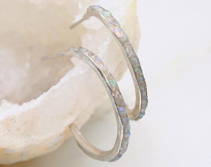 Australian Opal Hoop Earrings: Raw Gemstone, Eco-Friendly Silver (25mm)
