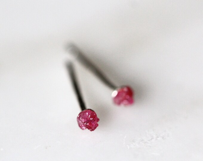 Ruby Stud Earrings, 2mm Raw Ruby Earrings, Tiny Ruby Sterling Silver Earrings, July Birthstone