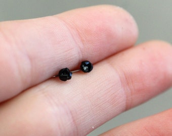 Raw Black Tourmaline Stud Earrings, Black Tourmaline 3mm Titanium Stud Earrings, Hypoallergenic Earrings