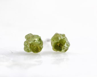 Lime Green Earrings, Peridot Sterling Silver Stud Earrings, Raw Gemstone Studs Earrings, August Birthstone Earrings, Summer Stud Earrings