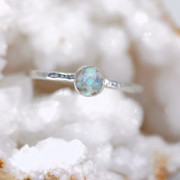 Raw Opal Ring, Australian Opal Sterling Silver Ring, Raw Opal Silver Stackable Ring