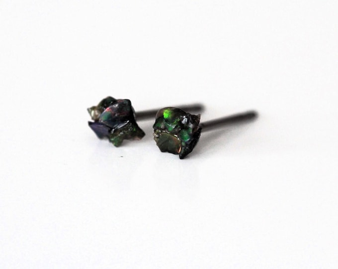 Black Opal Stud Earrings, Ethiopian Black Opal Earrings, Raw Opal Studs, Welo Opal Stud Earrings