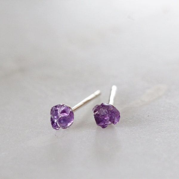 Raw Amethyst Tiny Stud Earrings, February Birthstone, Crystal Earrings for Friend