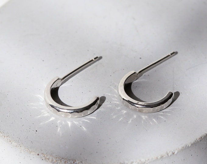 Dainty Hoop Earrings, Small Sterling Silver Hoop Earrings, Textured Silver Hoops, Semicircle Earrings