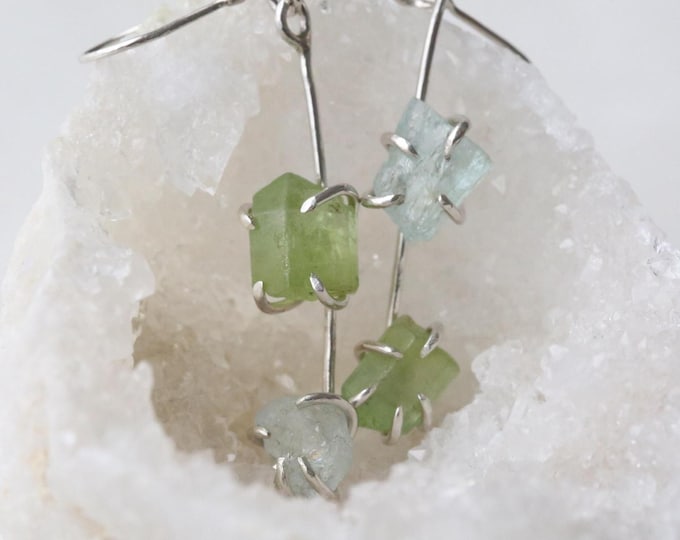 Mismatched Rustic Earrings, Peridot and Aquamarine Drop Earrings