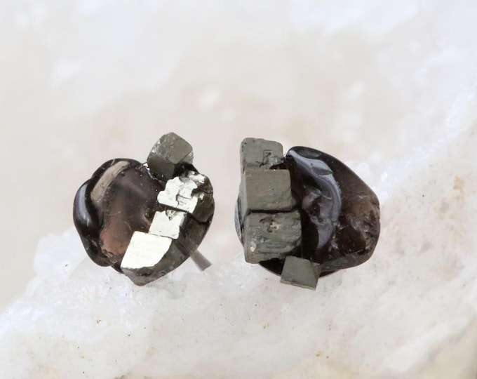 Smoky Quartz and Pyrite Earrings: Raw Gemstone Studs (Titanium Posts)