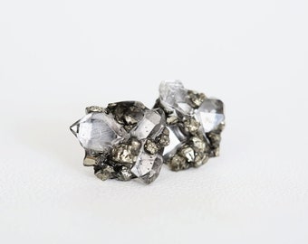 Herkimer Diamond Earrings, Herkimer Diamond Pyrite Stud Earrings, Raw Stone Jewelry