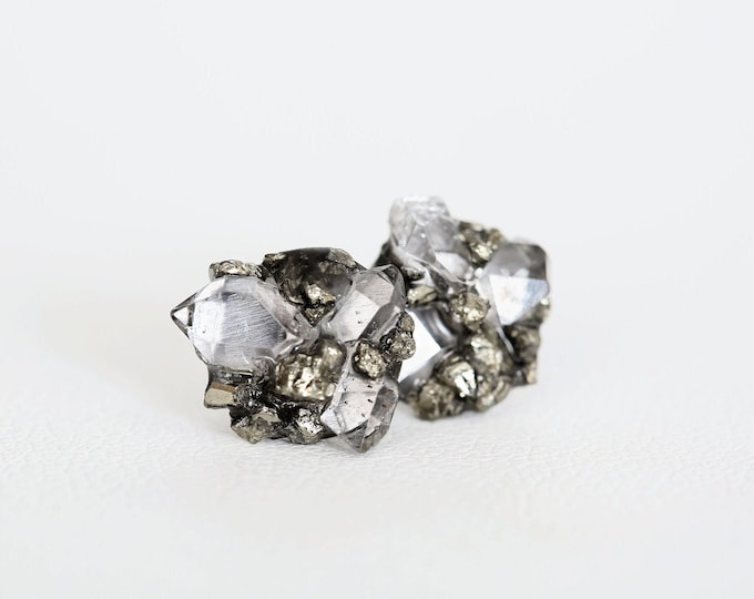 Herkimer Diamond Earrings, Herkimer Diamond Pyrite Stud Earrings, Raw Stone Jewelry